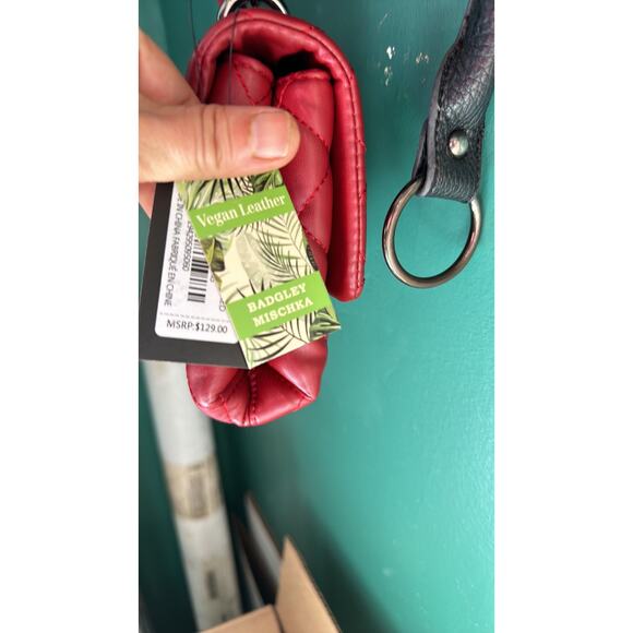 Badgley Mischka Designer Quilted Leather Red Silver Crossbody Purse - Picture 6 of 6